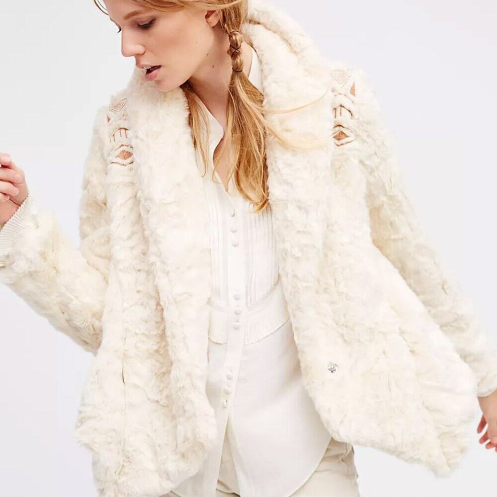 Free People Women's Embroidered Cascade Fur Jacket in White Size Large - Picture 2 of 10